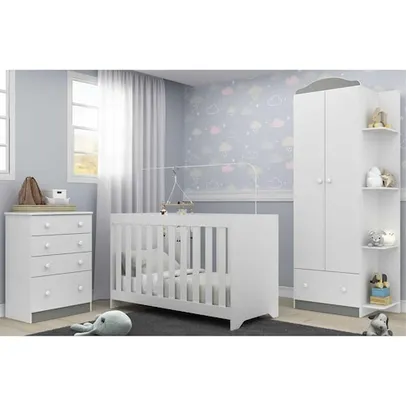 Quarto Infantil Completo João e Maria com berço 3 em 1 + colchão Multimóveis + Roupeiro e cômoda Bra