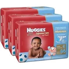 [Americanas]Kit 3 Fraldas Huggies Supreme Care Hiper Menino G - 192 Unidades por R$ 120