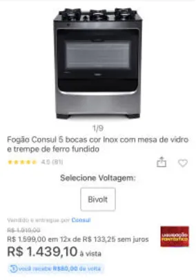 [AME R$1359] Fogão Consul 5 bocas cor Inox com mesa de vidro e trempe de ferro fundido