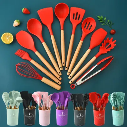 [MOEDAS R$ 25,94] Kit de 12 Utensílios de Cozinha - Cores Sortidas - Design Resistente e Moderno - frete grátis