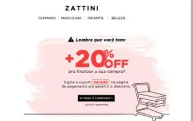 Cupom de desconto válido no site Zattini