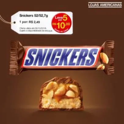 [Americanas - Loja Física] Snickers 52g/52,7g 'Leve 5 por R$ 10,00'