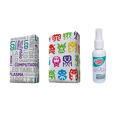 Kit com 2 Esponjas Microfibra e 1 Limpa Telas Spray 120ml, Estampas Sortidas, Flash Limp