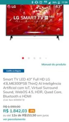 Smart TV LED 43" Full HD LG - R$1842
