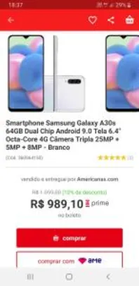 [774,00 com AME & CC Americanas ] Samsung A30s