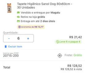 [Cliente Ouro] Tapete Higiênico Sanol Dog 80x60cm - 30 Unidades | R$ 21