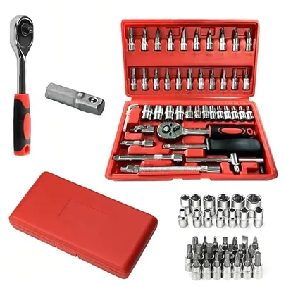 Kit Jogo de Chaves Catraca Soquete Reversível 46 Peças Aço Crv 1/4 Com Maleta E Extensor