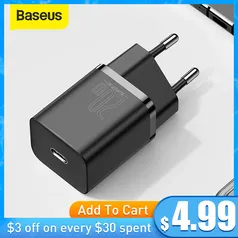 Carregador Rápido 20W Super Si USB-C Baseus | R$43