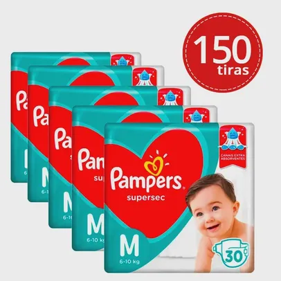 Kit 5 Fraldas Pampers Supersec Pacotão M 150 Unidades