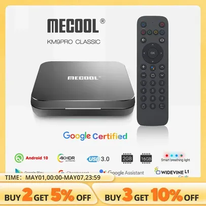 Saindo por R$ 154: [Taxa inclusa/Moedas] TV Box Mecool KM9 Pro Classic com Certificação Google - 4K, HDR, Android 10, 2GB/16GB - Transforme sua TV em Smart TV | Pelando