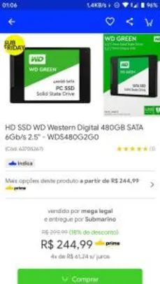 HD SSD WD Western Digital 480GB SATA 6Gb/s 2.5" - WDS480G2G0 (232 no CC Submarino)