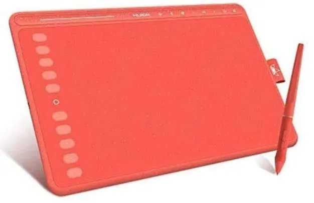 Mesas Digitalizadoras presente de Natal Tablet gráfico HUION HS611 (Coral Red) 10x6 polegadas equipado com teclas multimídia e barra de toque, 10 tecl