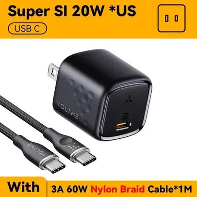 [APP/MOEDAS] Carregador Voltme 20W USB C +  Cabo de carregamento 60W de 1 metro