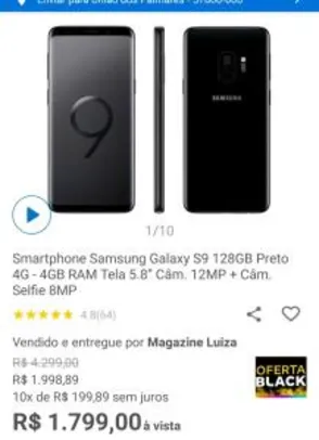 Samsung Galaxy S9 128GB 4GB 12MP e 8MP (Selfie) | R$1799