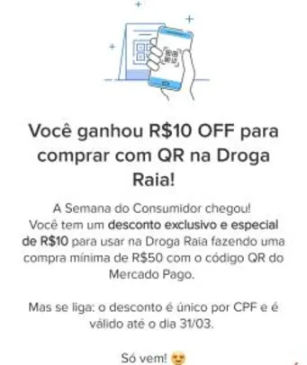 R$10 OFF na Droga Raia com QR Code do Mercado Pago