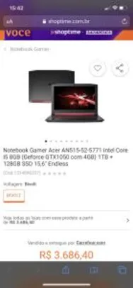 Notebook Gamer Acer AN515-52-5771 Intel Core I5 8GB (Geforce GTX1050 com 4GB) 1TB + 128GB SSD 15,6" Endless