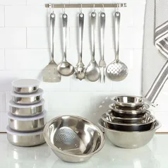 (AME R$75) (SC AME R$ 22) Conjunto de Tigelas + Potes + Utensílios Inox 17 peças - La Cuisine