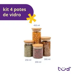 Kit 4 potes de vidro tampa de bambu herméticos redondos - Tüd