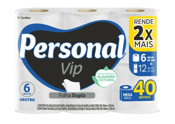 Papel Higienico Folha Dupla 6 rolos de 40 metros - Personal Vip 