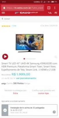 Smart TV LED 43" UHD 4K Samsung 43MU6100 com HDR Premium, Plataforma Smart Tizen por R$ 1899