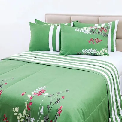 [R$33,29 AME SC] Enxoval de Cama King Herbal Verde 7 Peças 100% Algodão - Casa e Conforto