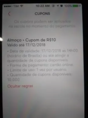 R$10,00 Off em pedidos no almoço até às 14h00 (usuários selecionados)