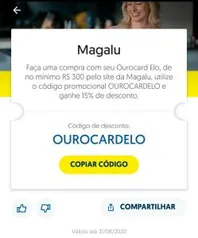 15% OFF no mercado Magalu com Ourocard ELO