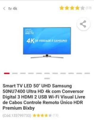 (ame 114,95 de cashback ) Smart TV LED 50" UHD Samsung 50NU7400 Ultra HD 4k - R$ 2299