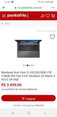 Notebook Acer Core i5-10210U 8GB 1TB 128GB SSD Tela 15.6” Windows 10 Aspire 3 A315-54-56JC | R$3.500