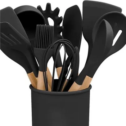 Jogo de Cozinha Kit C/12 Peças de Silicone, Utensílios e Copo Suporte para Cozinha Cabo de Madeira jimmy