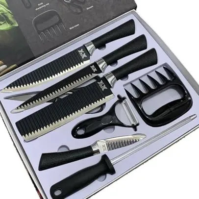 Jogo Faca em Inox Profissional Kit Churrasco Anti Aderente Corte Fio de Navalha Conjunto - 08 Peças 