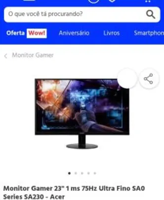 [CC Sub] Monitor Gamer 23'' 1 ms 75Hz Ultra Fino SA0 Series SA230 - Acer | R$449