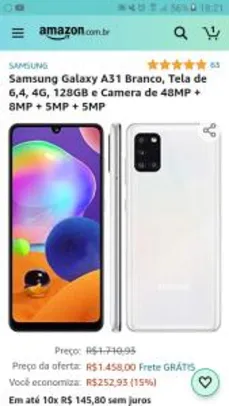 Samsung Galaxy A31 Branco, Tela de 6,4, 4G, 128GB e Camera de 48MP + 8MP + 5MP + 5MP — R$ 1.458,00