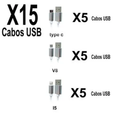 Kit com 15 Cabos USB Com 1 Metro de Comprimento Entrada Para Android e Iphone R$51