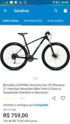 Bicicleta LOOPING Alumínio Aro 29 Shimano 21 Marchas Mountain Bike Freio à Disco e Suspensão Dianteira e Descanso R$759