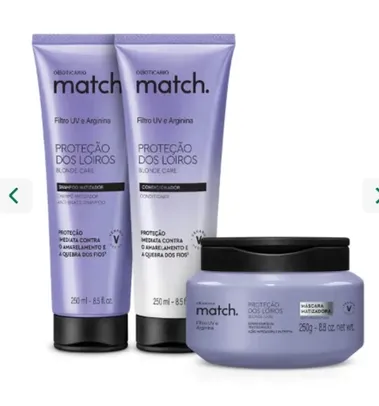 Combo Match. Proteção dos Loiros: Shampoo Matizador 250ml + Máscara Capilar 250g + Condicionador 250ml