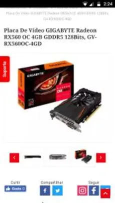 Placa De Vídeo GIGABYTE Radeon RX560 OC 4GB GDDR5 128Bits, GV-RX560OC-4GD