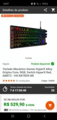 Teclado Mecânico Gamer HyperX Alloy Origins Core, RGB, Switch HyperX Red R$530