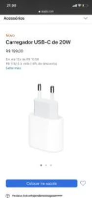 Carregador USB-C de 20W Original Apple | R$179