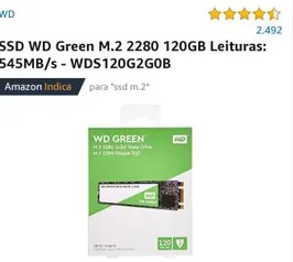 SSD WD Green M.2 2280 120GB Leituras: 545MB/s - WDS120G2G0B