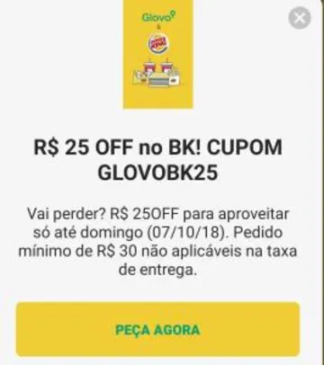 R$ 25 OFF em pedidos acima de R$ 30 apenas no Burger King pelo Glovo