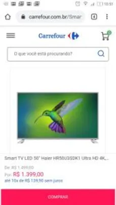 Smart TV LED 50" Haier HR50U3SDK1 Ultra HD 4K, WI-FI, Dolby Digital Plus, 3 HDMI 2 USB - R$1399