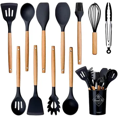 Jogo 12 Colheres De Silicone Cabo Madeira Utensílios Cozinha Top