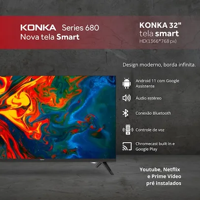 Smart TV Konka LED 32 Design sem bordas, comando por voz, Google Assistant e Android TV com Bluetooth KDG32