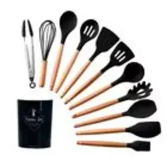 Kit 12 Utensílios De Cozinha Em Silicone E Cabo De Madeira