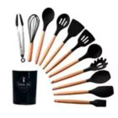 Kit 12 Utensílios De Cozinha Em Silicone E Cabo De Madeira