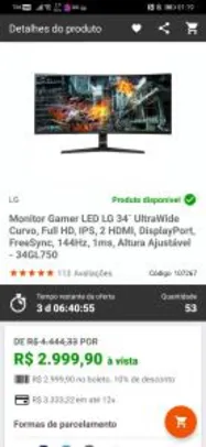 Monitor gamer LG ultrawide 34" Curvo fullhd HDR10 | $3000