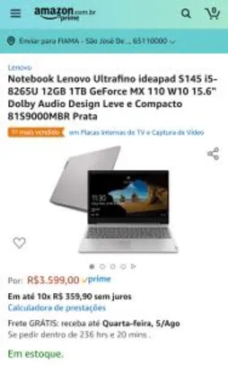 Notebook Lenovo Ultrafino ideapad S145 i5-8265U 12GB 1TB GeForce MX 110 W10 15.6" Dolby Audio Design Leve e Compacto 81S9000MBR Prata