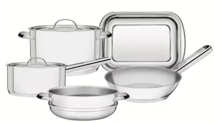 Saindo por R$ 349: Conjunto de Panelas 5 Peças Tramontina Ísis em Aço Inox com Fundo Triplo - Inox | Pelando