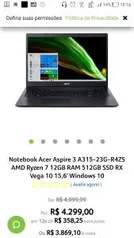 Notebook Acer Aspire 3 AMD Ryzen 7 12GB RAM 512GB SSD | R$3869